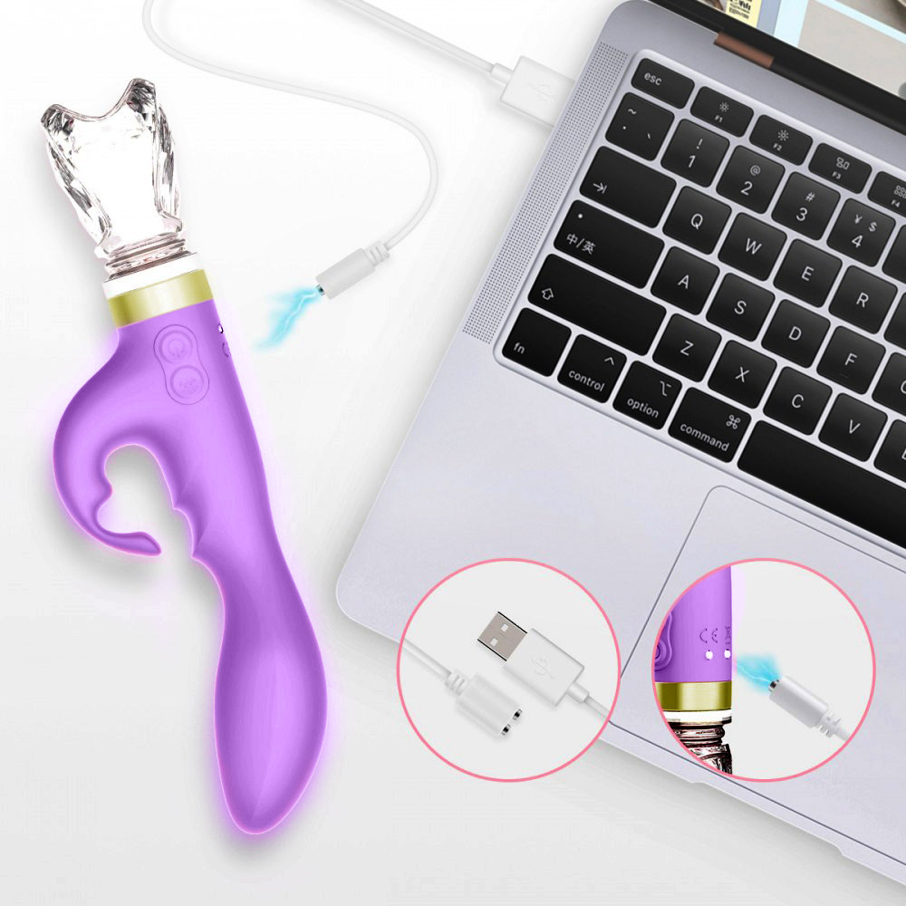 Vibrador Duplo Recarreg�vel Roxo - Detalhe dos bot�es de controle e entrada USB