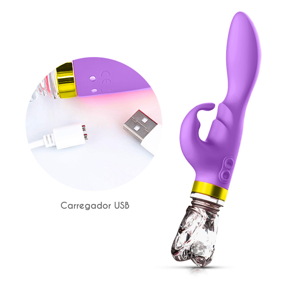 Vibrador Duplo de Silicone e Vidro - Base em vidro detalhada, refletindo a luz