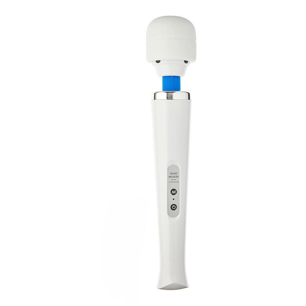 Massageador Er�tico Varinha M�gica com 10 Vibra��es Bivolt Branco | Vista frontal com bot�es de controle claramente vis�veis e texto 