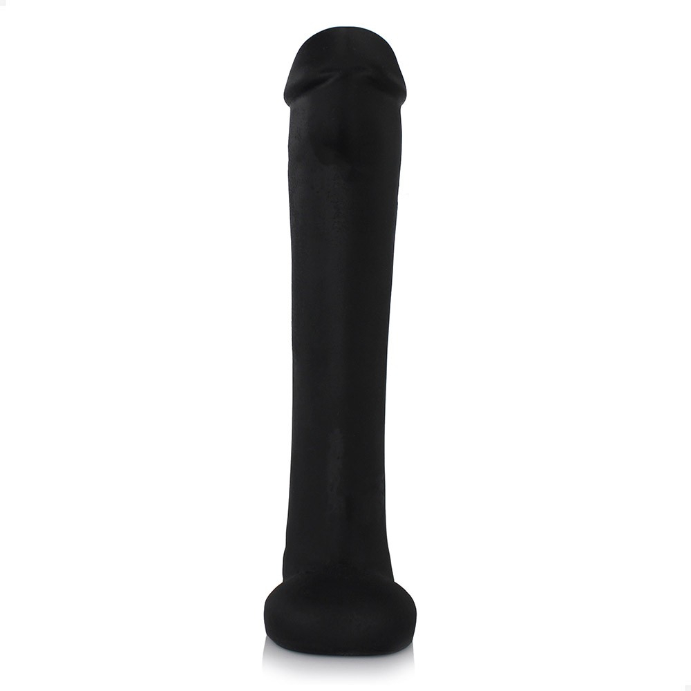 P�nis Gigante e Grosso Flex�vel com Escroto Cacete 33 x 6,8cm Preto - vista frontal do dildo de cima para baixo, mostrando a largura e o design da glande