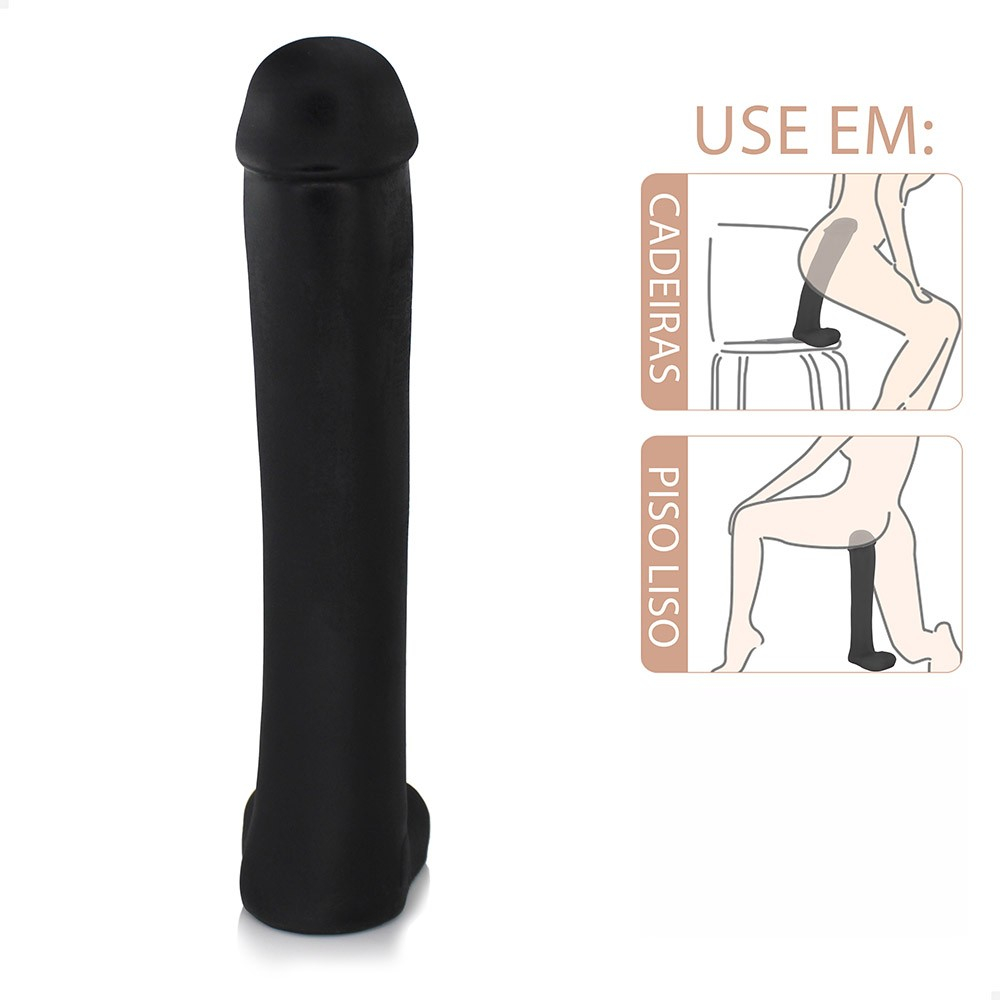 P�nis Gigante e Grosso Flex�vel com Escroto Cacete 33 x 6,8cm Preto - diagrama de uso mostrando o dildo em posi��es para assento e piso liso