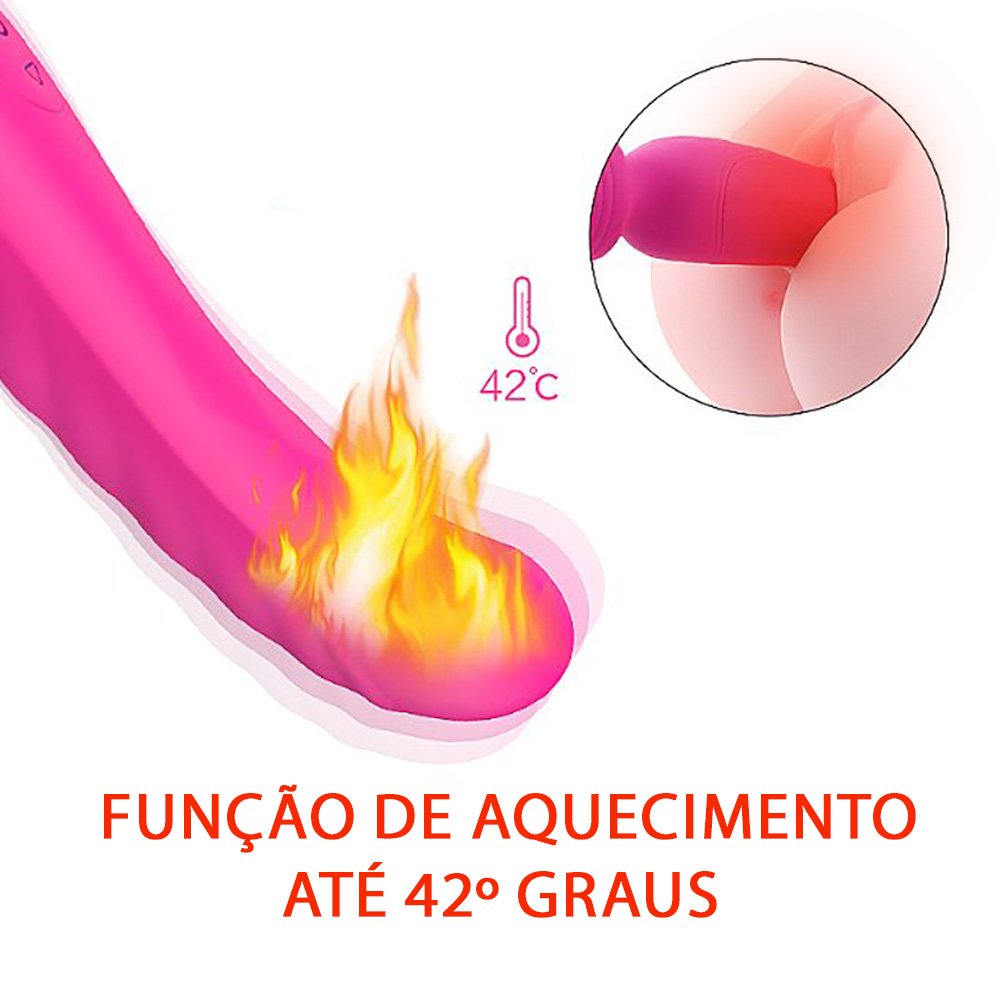 Close no massageador Iris Pink exibindo a fun��o de aquecimento at� 42�C e material rosa