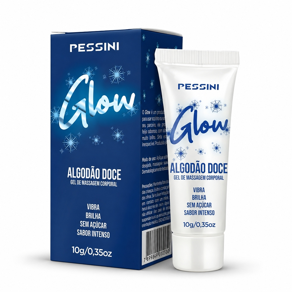 Vibrador L�quido Beij�vel Glow Sabor Algod�o Doce 10g com embalagem azul e tubo branco, destacando o nome Glow e as informa��es do produto