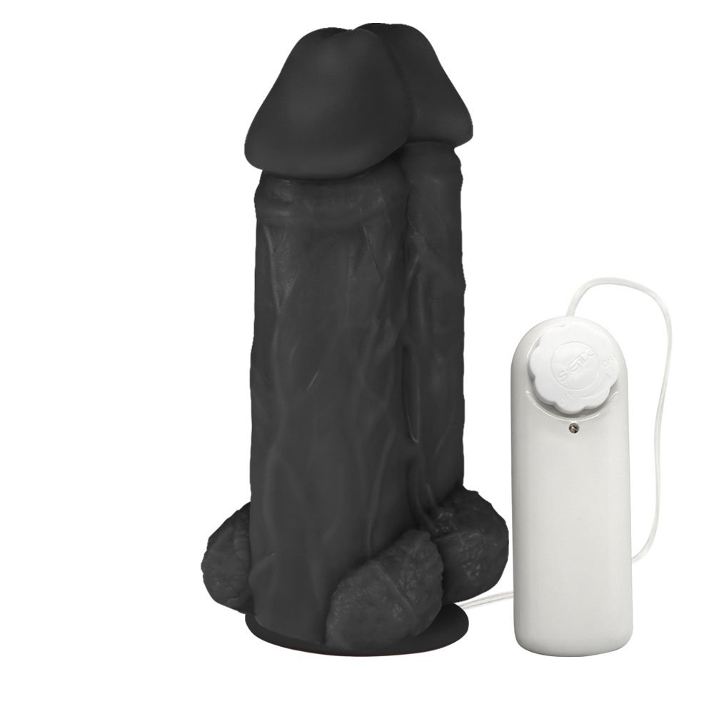 Pênis Realístico Flexível Duplo Super Amigos com Vibrador e Ventosa 18 x 7,5cm Preto | Foto 02