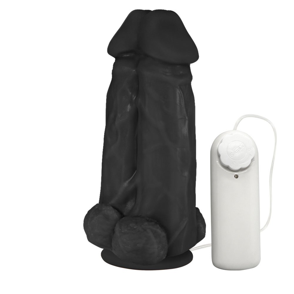Pênis Realístico Flexível Duplo Super Amigos com Vibrador e Ventosa 18 x 7,5cm Preto | Foto 04