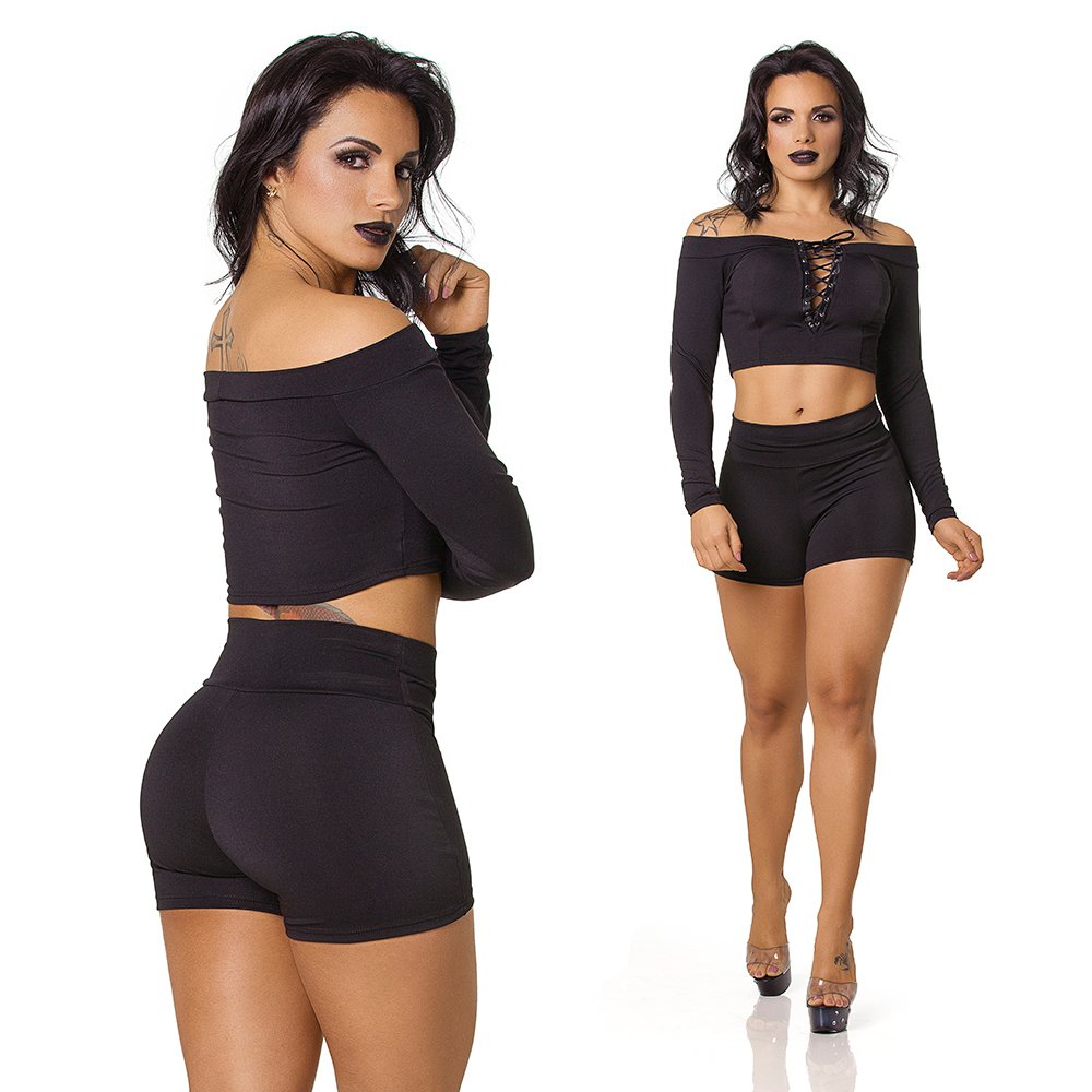 Conjunto Sensual Sexy em Suplex Poliamida com Cropped Tran�ado Preto - Vista lateral e frontal da modelo