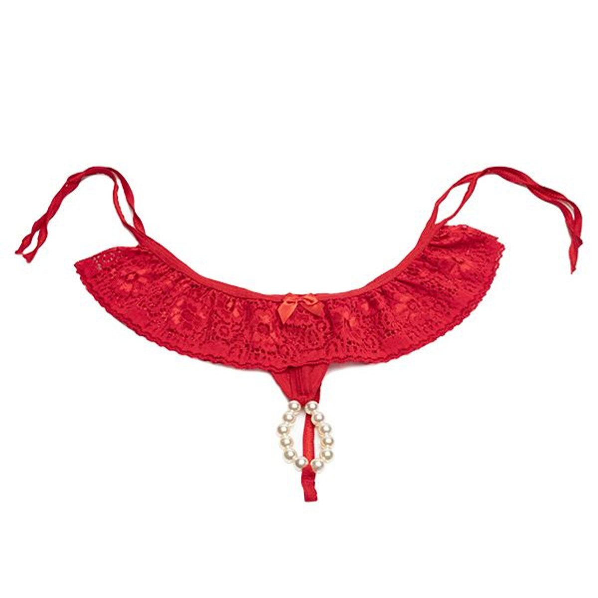 Calcinha Tailandesa Fio Dental Sexy P�rola Vermelha em detalhe, mostrando a renda, o la�o frontal e as p�rolas