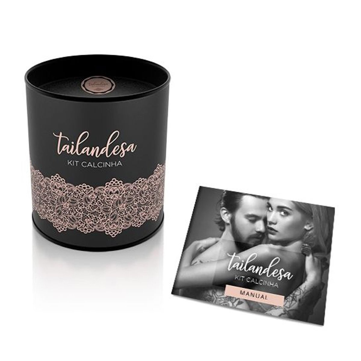 Embalagem preta preta do Kit Calcinha Tailandesa Fio Dental Sexy P�rola Vermelha com design elegante e manual de instru��es