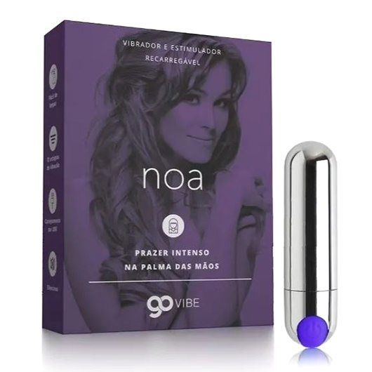 Vibrador Bullet Noa Prata ao lado da embalagem elegante GOVibe Collection, ilustrando 'Prazer Intenso na Palma das M�os'