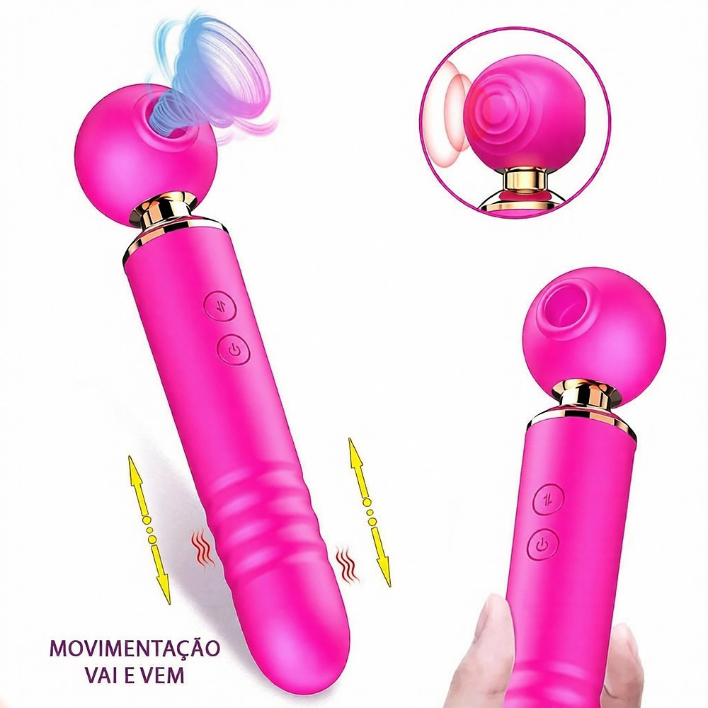 Vibrador 3 em 1 Pink com ilustra��es de uso para estimula��o vaginal, ponto G e clitoris, mostrando as fun��es de suc��o e vai e vem