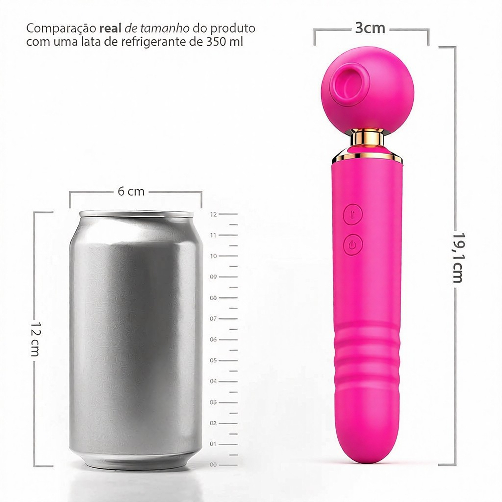 Vibrador Feminino Recarreg�vel 3 em 1 Pink detalhando os controles de liga/desliga e intensidade, com a ponta de suc��o ativa e as indica��es de movimento vai e vem