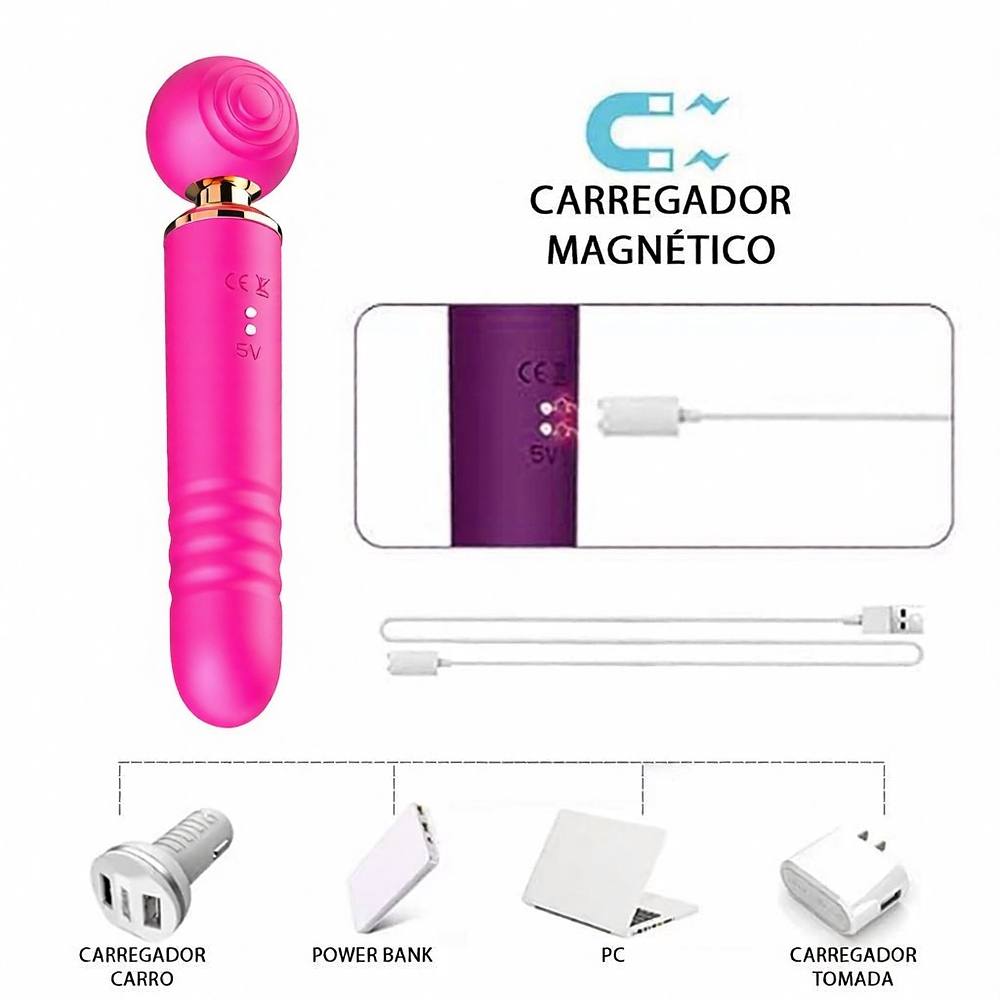 Vibrador Feminino Recarreg�vel Pink com a cabe�a de suc��o detalhada, mostrando os 10 modos de pulsa��o/tapping em icones ilustrativos