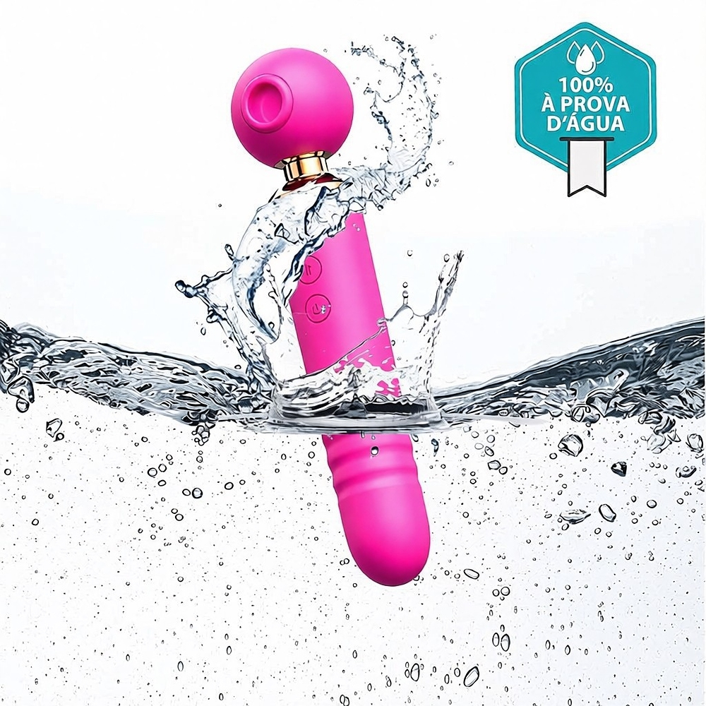 Detalhe do vibrador 3 em 1 Pink, mostrando o acabamento em silicone de toque aveludado e a jun��o dourada entre a cabe�a de suc��o e o corpo