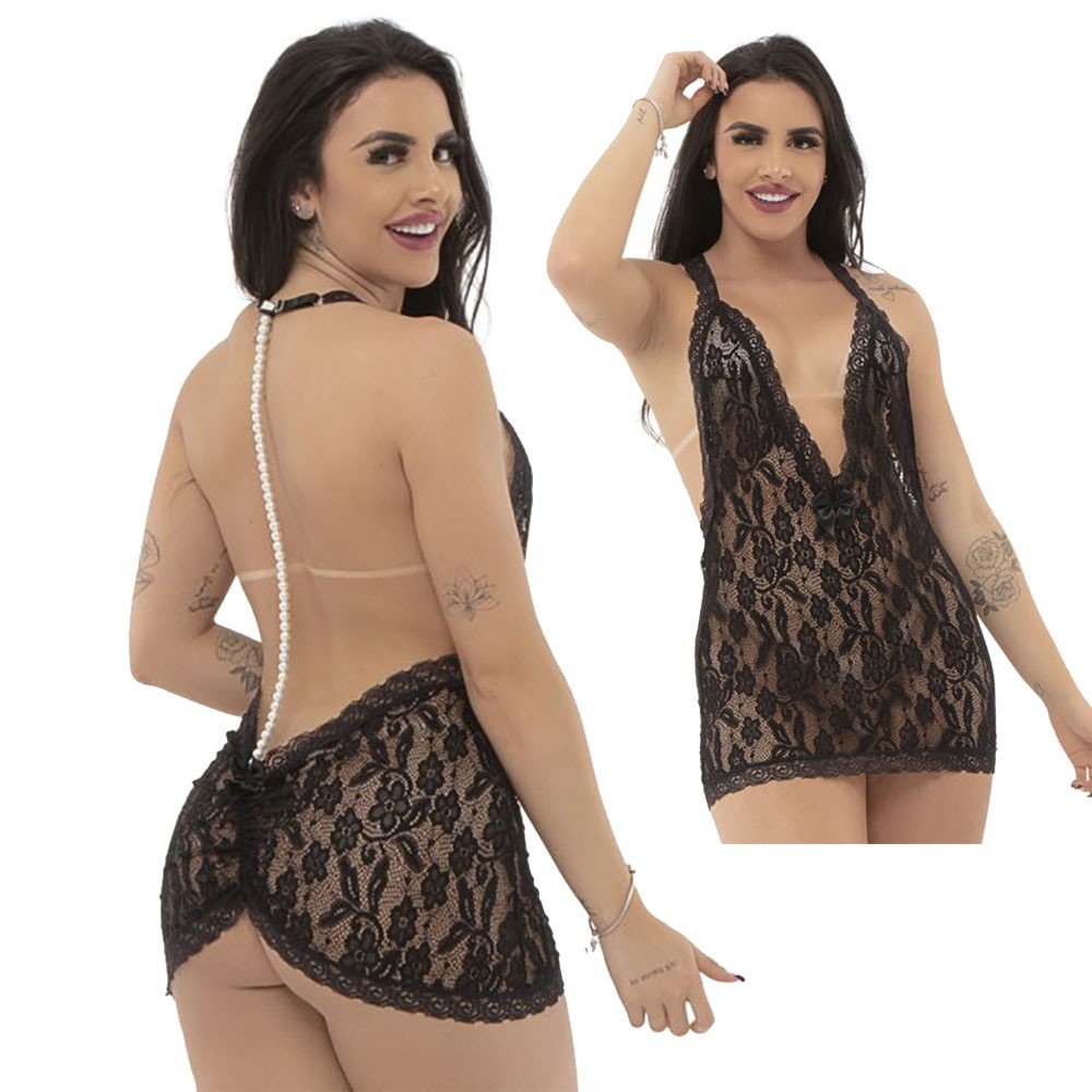 Camisola Sensual Sexy Madeleine Preto, com p�rolas em colar nas costas e franzido, vista traseira