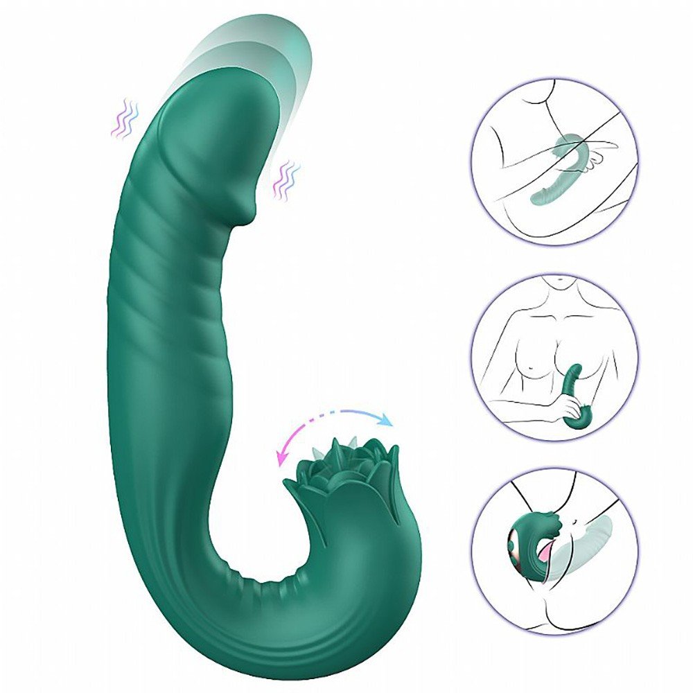 Vibrador Duplo Recarreg�vel Silicone 7 Vibra��es, 7 Estimula��es de L�ngua e Vai e Vem Elan Verde - Ilustra��o do vibrador em uso com indica��o de movimentos vibrat�rios e de vai e vem