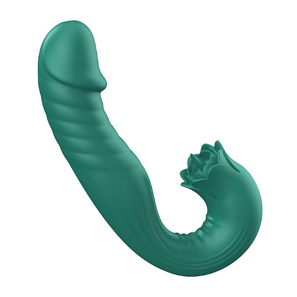 Vibrador Duplo Recarreg�vel Silicone 7 Vibra��es, 7 Estimula��es de L�ngua e Vai e Vem Elan Verde - Vista em �ngulo do vibrador verde, destacando o controle e a ergonomia