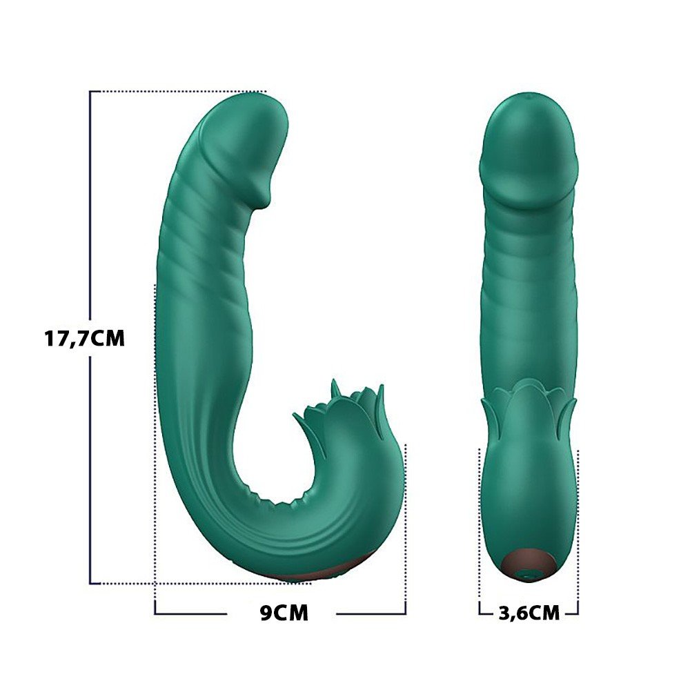 Vibrador Duplo Recarreg�vel Silicone 7 Vibra��es, 7 Estimula��es de L�ngua e Vai e Vem Elan Verde - Imagem ambientada do vibrador em uma superf�cie suave real�ando a cor verde