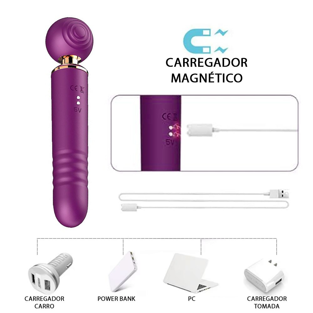 Vibrador Feminino Recarregavel em Silicone 3 em 1 - Roxo - Vista traseira mostrando porta de recarga
