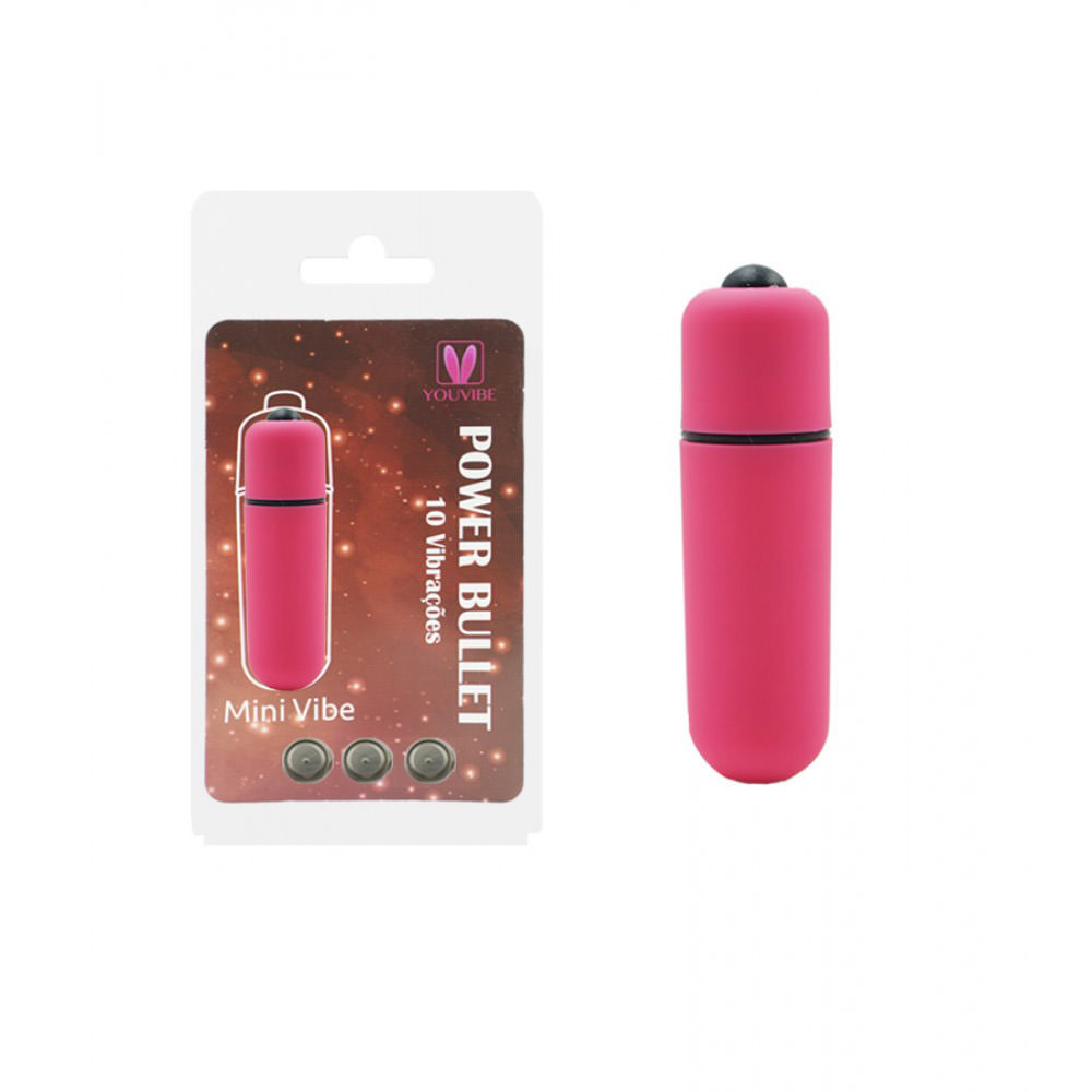 Vibrador Bullet Power Liga Desliga Rosa ao lado de sua embalagem, mostrando o nome do produto 'Power Bullet' e as 10 vibra��es, junto com a marca Youvibe e Mini Vibe.