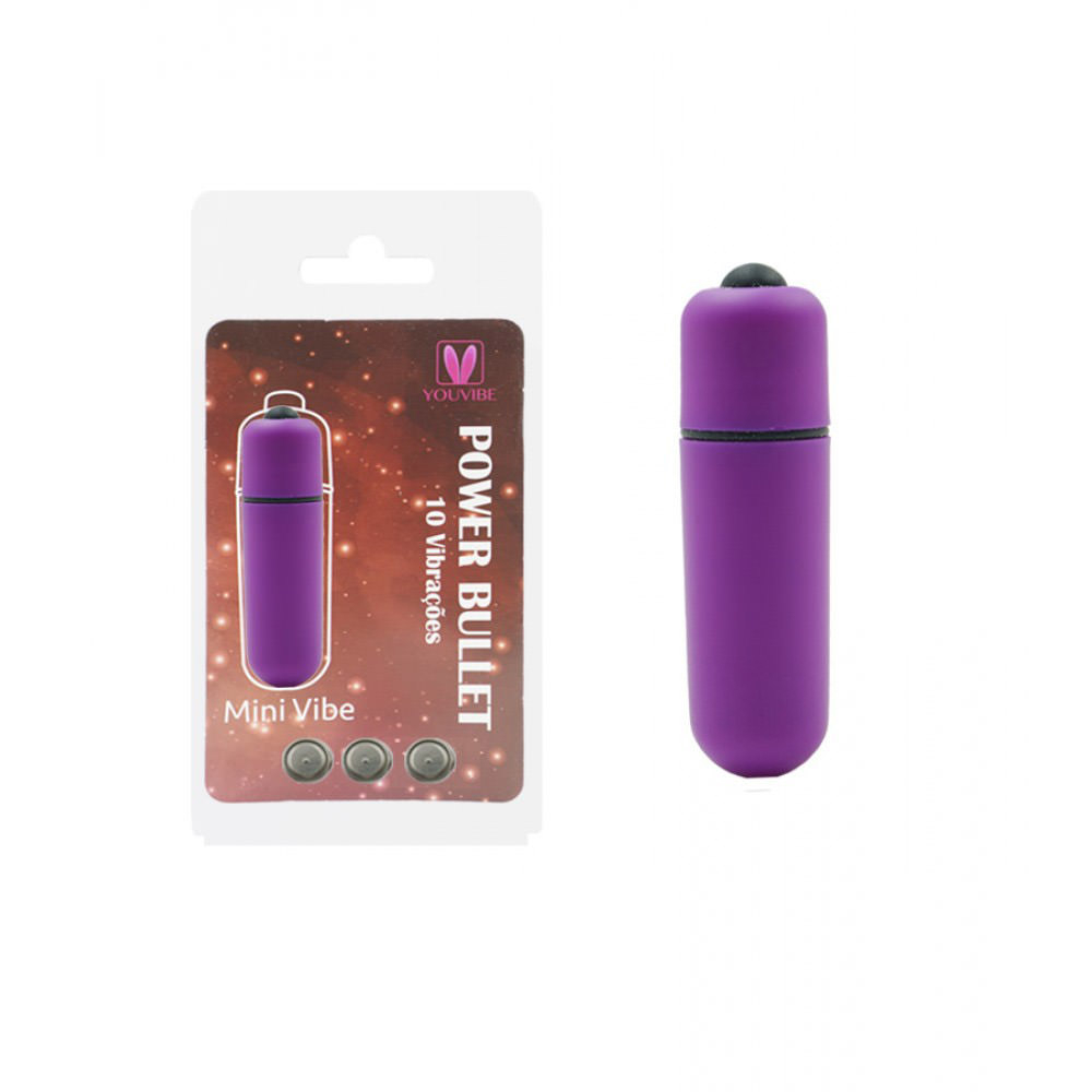 Vibrador Bullet Power 10 Vibra��es Roxo ao lado de sua embalagem, mostrando a marca e as principais caracter�sticas.