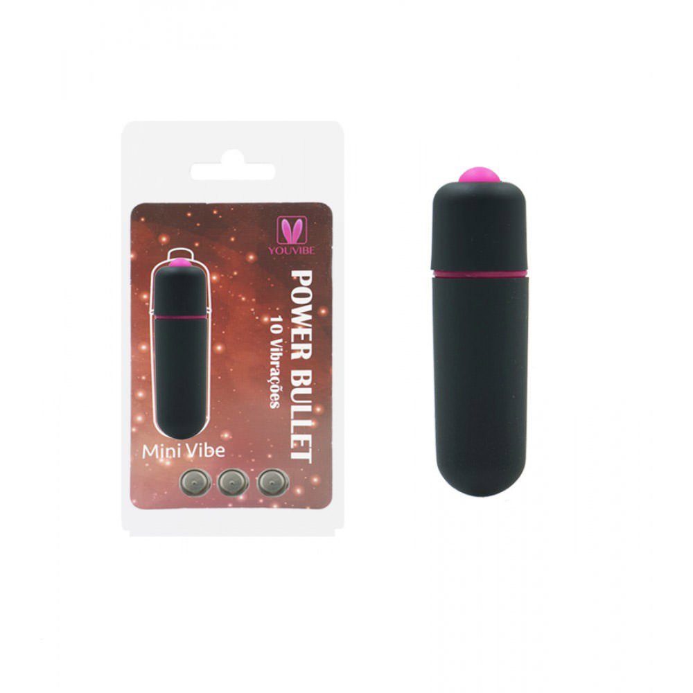 Vibrador Bullet Power 10 Vibra��es Preto e sua embalagem, mostrando o design e as informa��es do produto