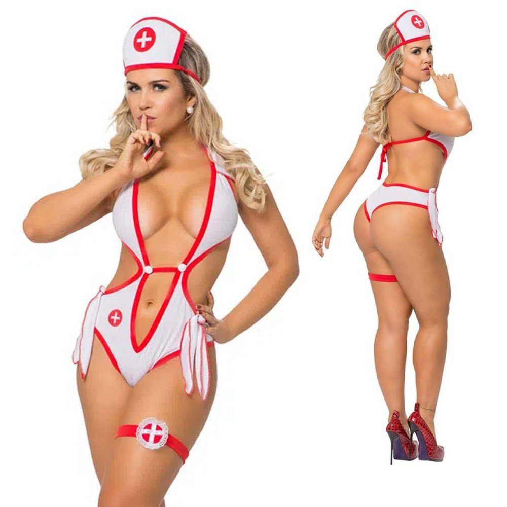 Fantasia Doutora Anita com Body, Persex e Acessório para Cabeça Branco e Vermelho | Foto 01