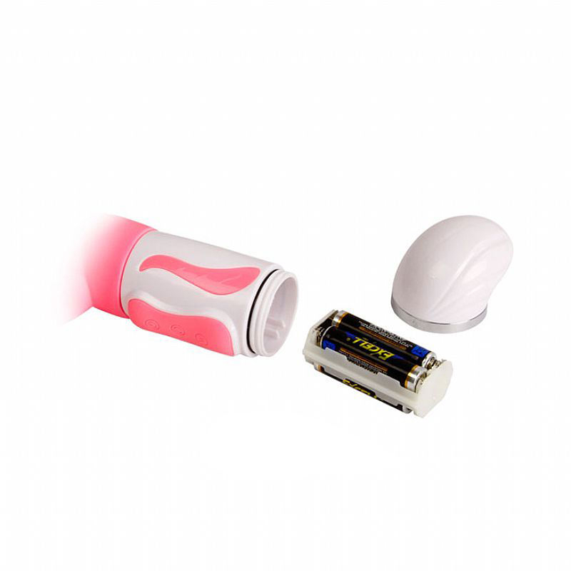 Vibrador Rabbit Estimulador Coelho, compartimento de pilhas aberto mostrando o funcionamento