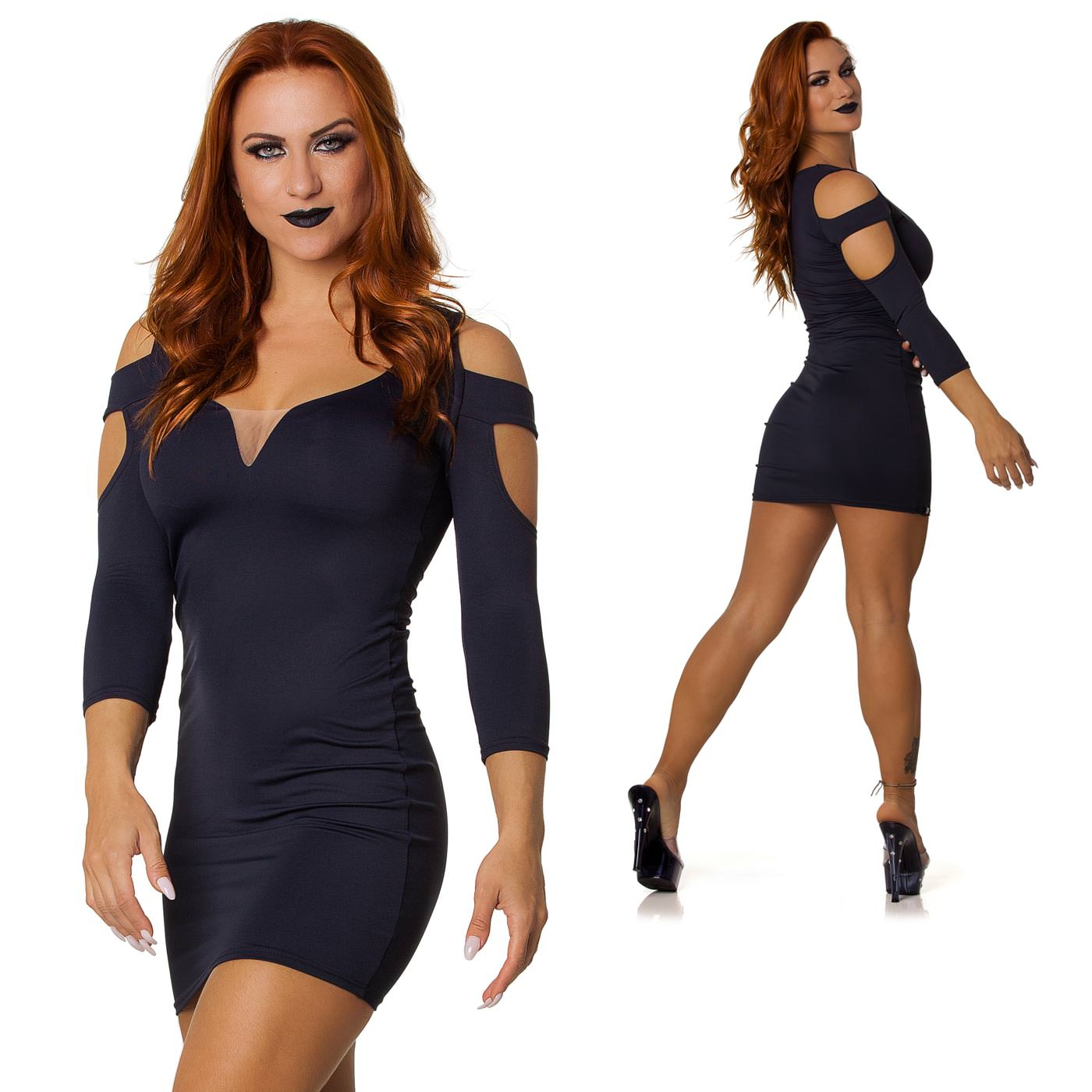 Vestido Sensual com Decote e Tule Ilusion Preto, pose da modelo enfatizando os recortes nos bracos