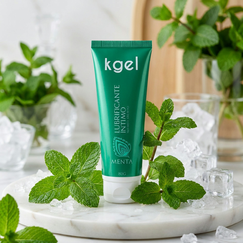 Lubrificante �ntimo Kgel de Menta com gelo e folhas de menta frescas ao redor, real�ando a sensa��o de frescor