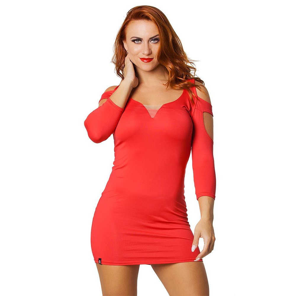 Vestido sensual vermelho com decote em V e tule ilusion, modelo em p� de frente