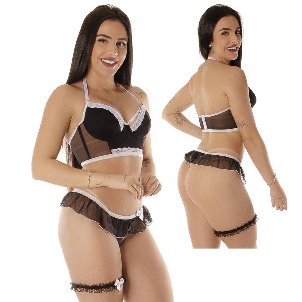 Fantasia Empregada Deusa com Sutiã com Aro e Sem Bojo Calcinha Fio Dental e Persex Preto | Foto 01