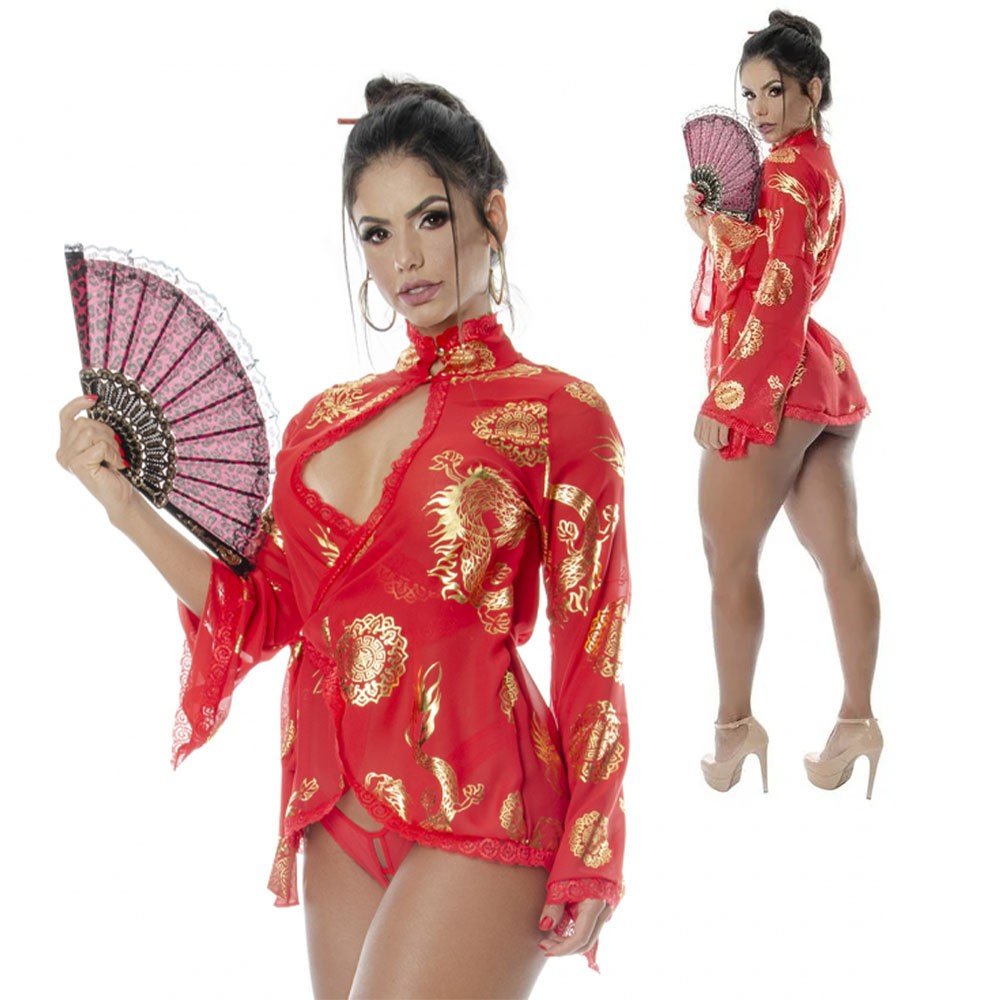 Fantasia Gueixa Sofie com Robe, Leque, Calcinha Tanga e Palito para Cabelo Vermelho | Foto 01