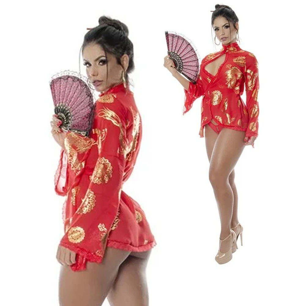Fantasia Gueixa Sofie com Robe, Leque, Calcinha Tanga e Palito para Cabelo Vermelho | Foto 02