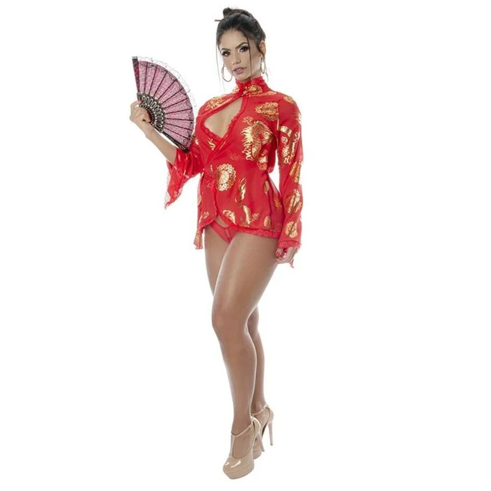 Fantasia Gueixa Sofie com Robe, Leque, Calcinha Tanga e Palito para Cabelo Vermelho | Foto 03