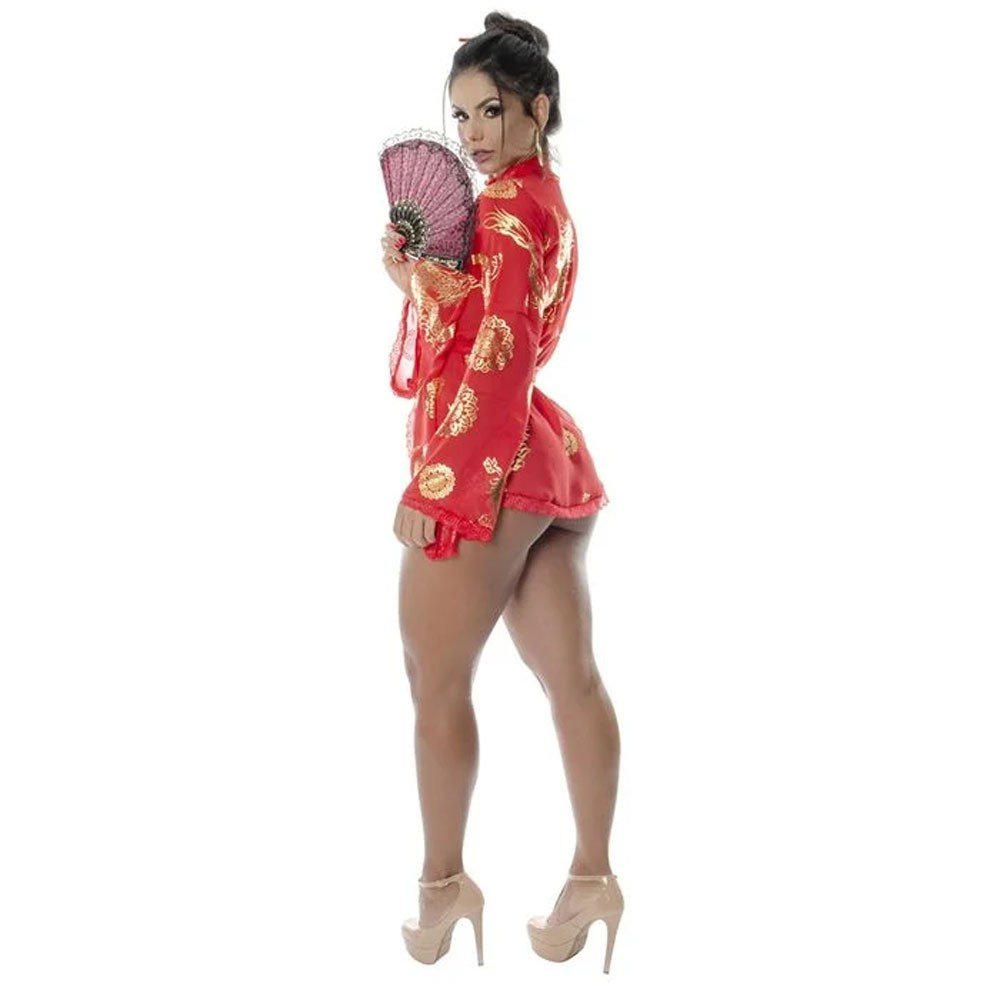 Fantasia Gueixa Sofie com Robe, Leque, Calcinha Tanga e Palito para Cabelo Vermelho | Foto 04