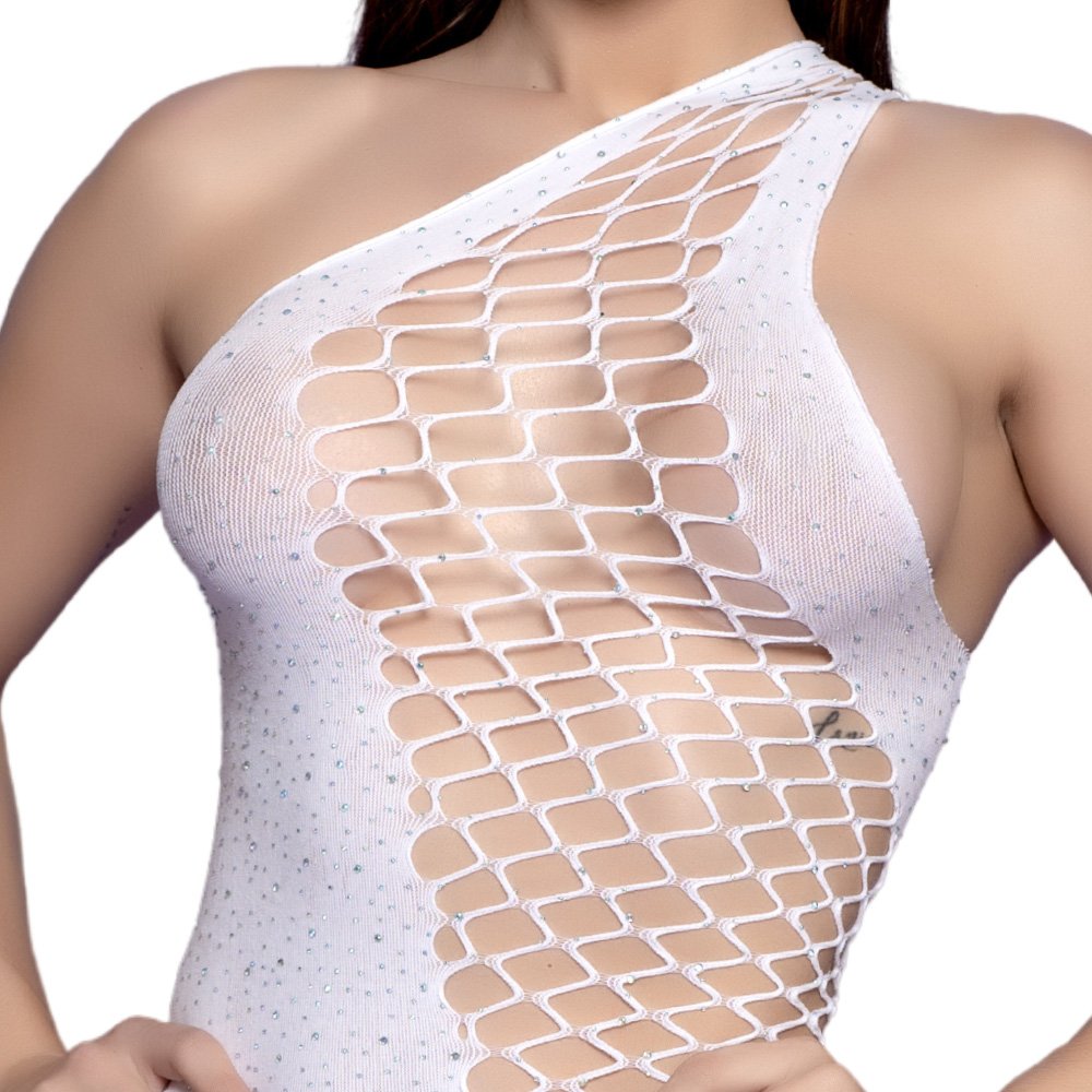 Vestido Ousado Sexy em Spandex com Strass Ombro S� no Estilo Bodystocking Ester Branco | Foto 04