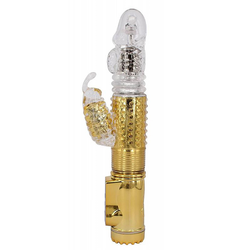 Vista lateral do Vibrador Rabbit dourado evidenciando o formato ergon�mico, a haste vibrat�ria e o estimulador em formato de coelho