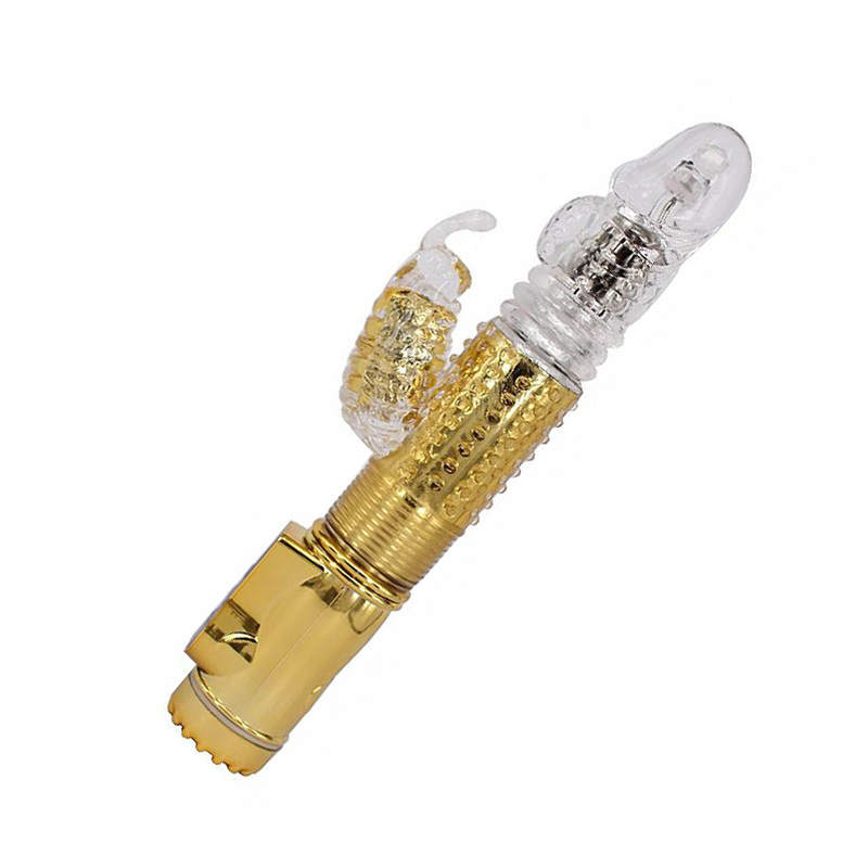 Detalhe do acabamento dourado do Vibrador Rabbit mostrando a textura na base e o material transparente da haste