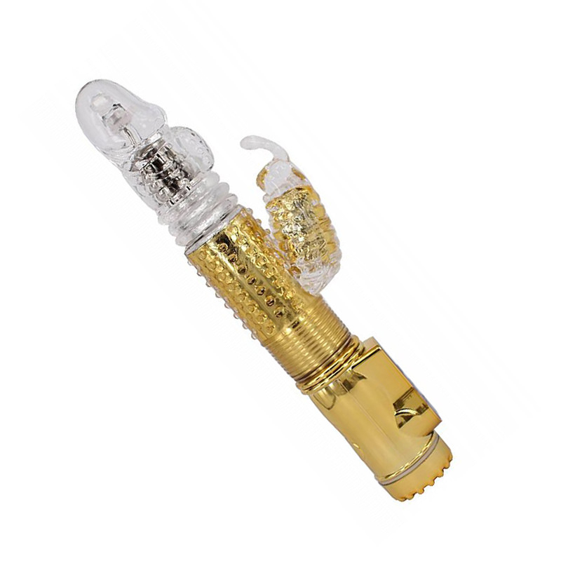 Vista diagonal do Vibrador Rabbit com Vai e Vem, Multivelocidade Dourado destacando as curvas e o design moderno