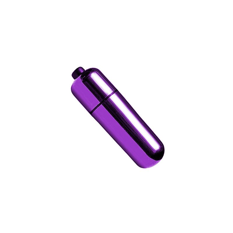 Vibrador Bullet sem Fio Mini Power Roxo em angulo lateral, revelando seu botao de ligar/desligar.