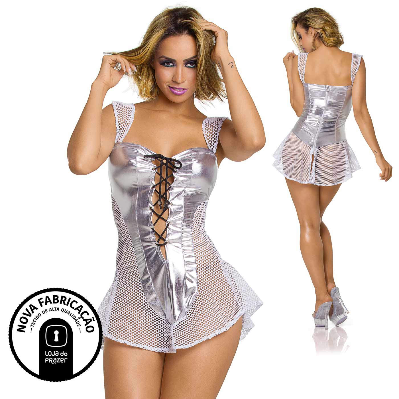 Vestido Sensual Excited Prata, close up do corpete frontal e saia transparente