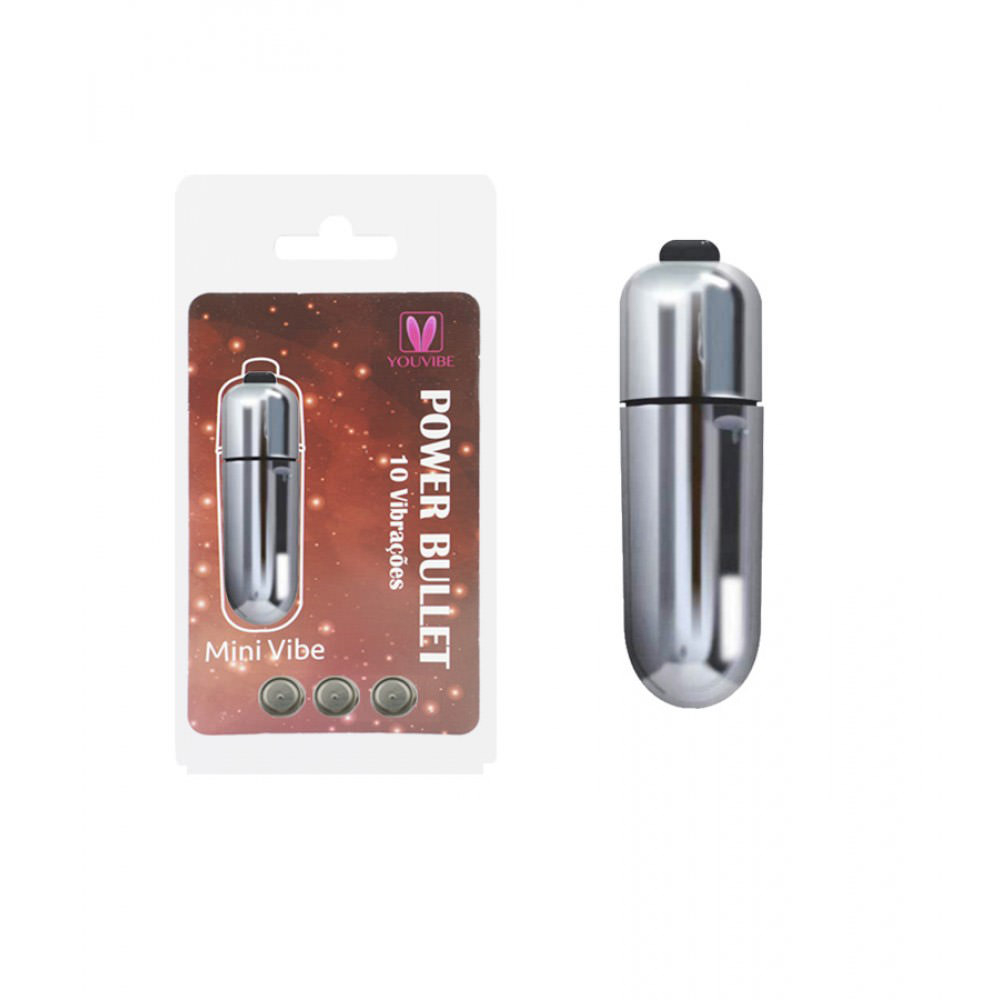 Kit Vibrador Bullet Power 10 Vibra��es Prata, com embalagem e produto, destacando o design compacto e moderno