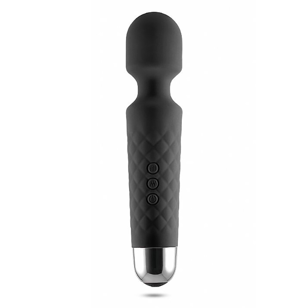 Massageador Er�tico Varinha M�gica Preto, detalhe da cabe�a flex�vel em silicone e painel de controle com bot�es.