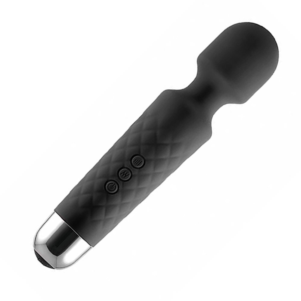Massageador Er�tico Varinha M�gica Preto, vista angular mostrando a textura do corpo e o acabamento met�lico na base.