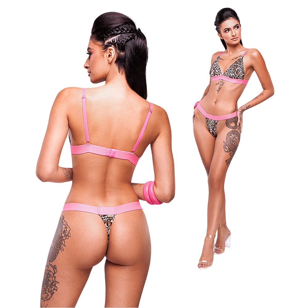 Conjunto Sensual Sexy Fio Dental em Poli�ster Pink com On�a | Vista traseira da modelo
