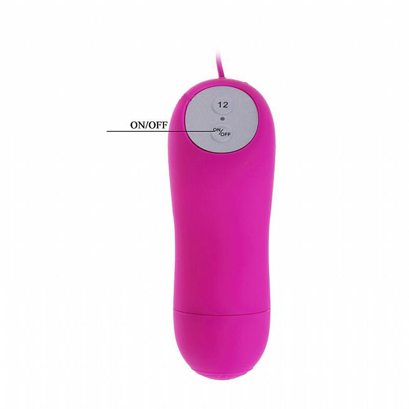 Close-up do Vibrador Bullet Roxo, exibindo o botao on/off claro com os modos de vibracao indicados graficamente. A superficie e lisa e macia ao toque.