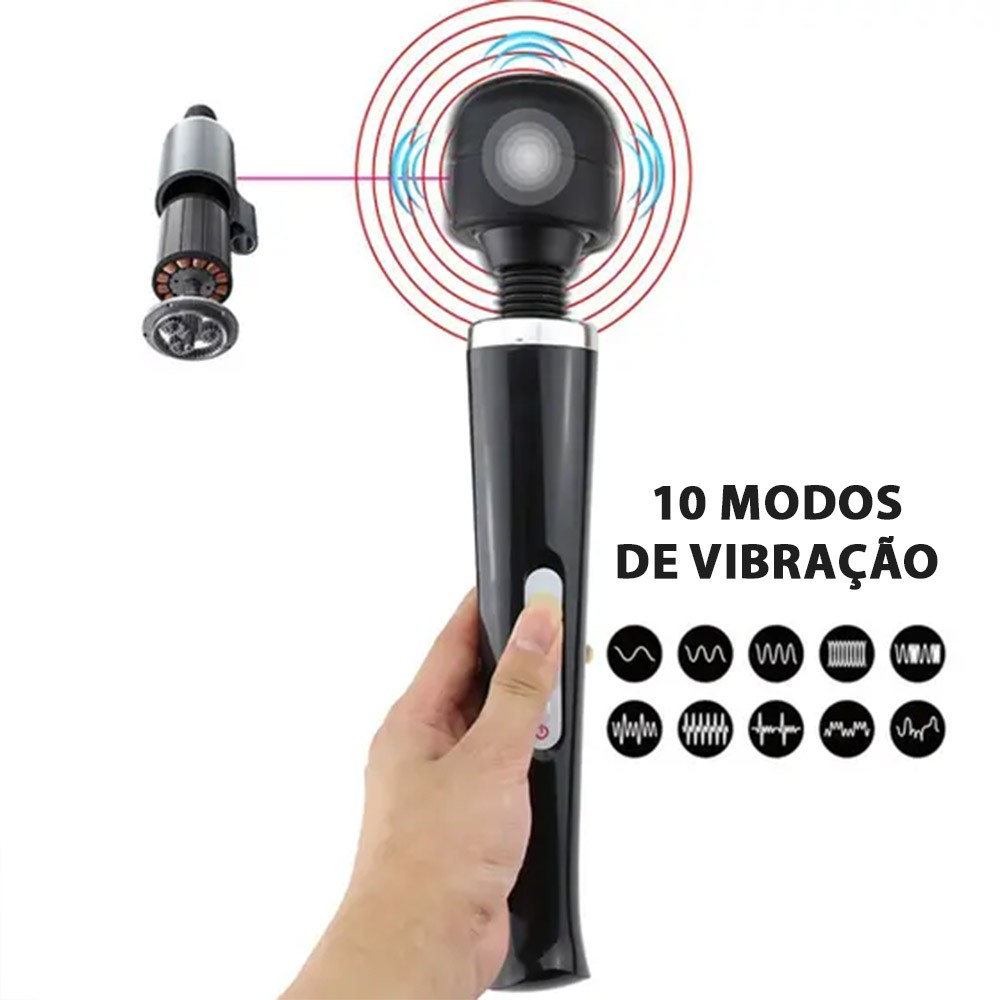 Massageador Er�tico El�trico Varinha M�gica em Silicone e ABS, detalhe da cabe�a e cabo, vibrando, com ilustra��o de uso em massagem corporal