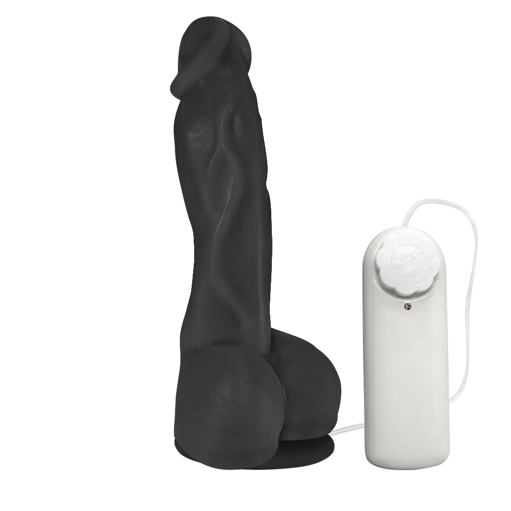 P�nis Real�stico em PVC Flex�vel Heart com Vibrador e Ventosa 19,5 x 4,5cm Preto - vista lateral da flexibilidade