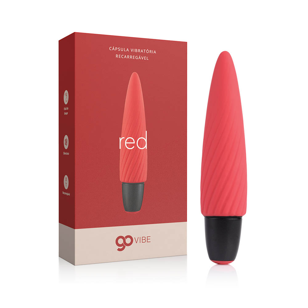 Vibrador Bullet Recarregavel em Silicone Vermelho em caixa, pronto para desembalar e usar