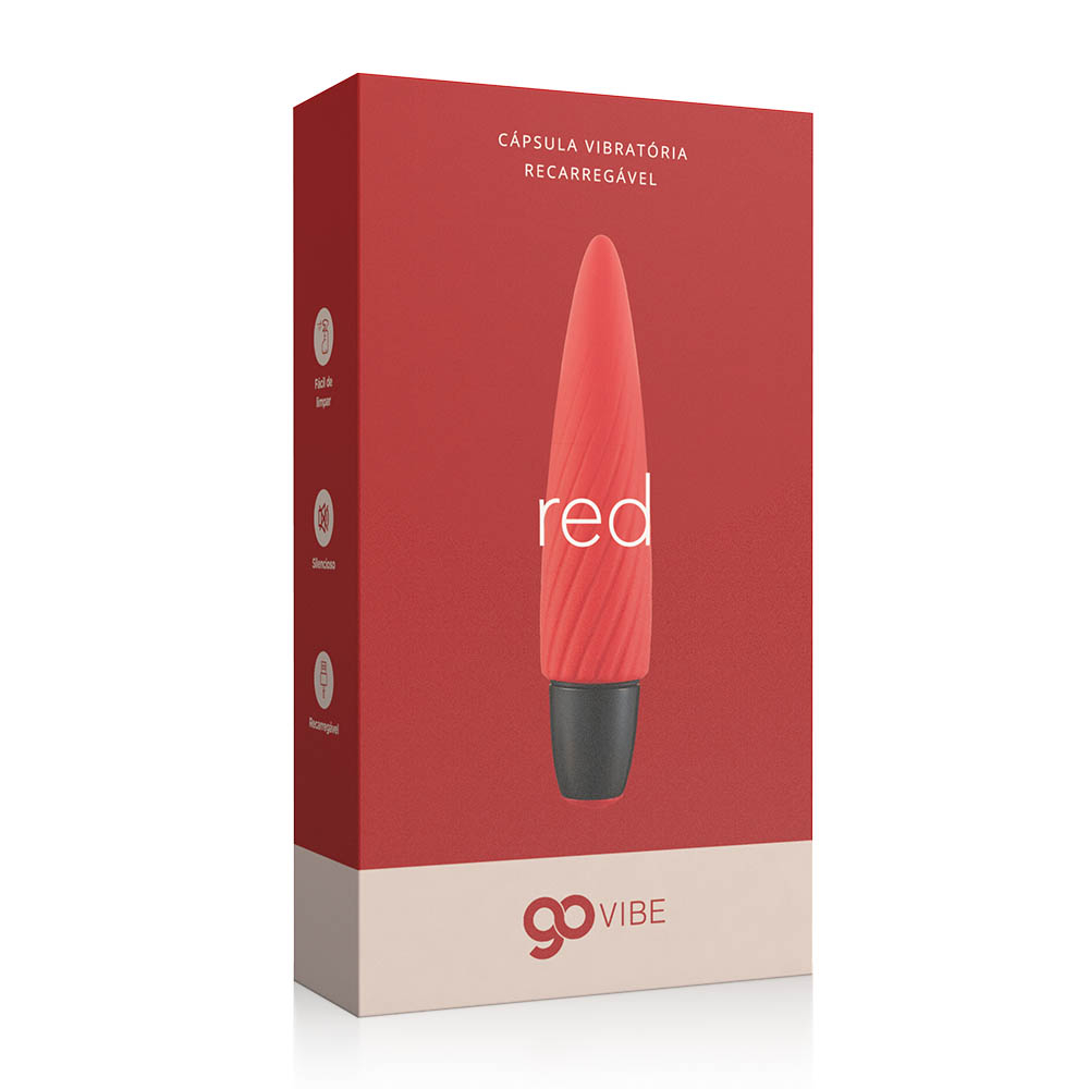 Vibrador Bullet Recarregavel em Silicone Vermelho ao lado de gel de massagem e sach�s, em cenario de presentes